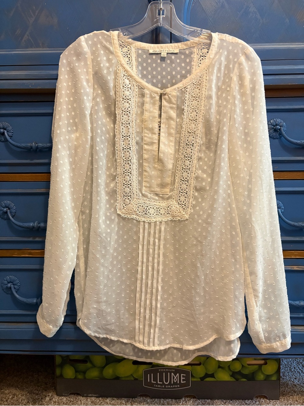 Daniel Rainn Cream Swiss Dot Lace Bib Blouse